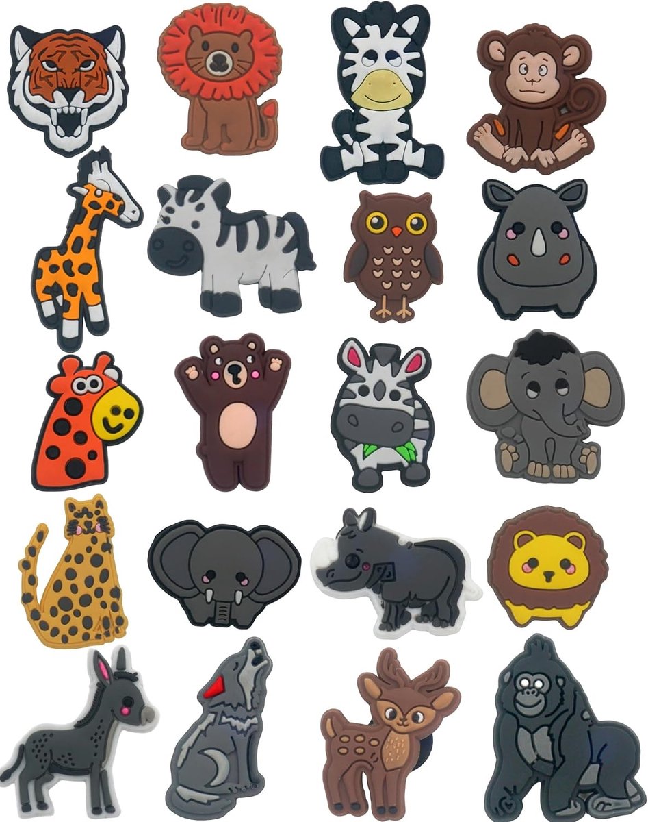 20 STKS Jungle Dieren Schoen Decoratie Charms, PVC Charms voor Schoenen Polsband Decor, Schoen Charm Accessoires Voor Out of Home Party Supplies Geschenken, Small, PVC, Geen edelsteen