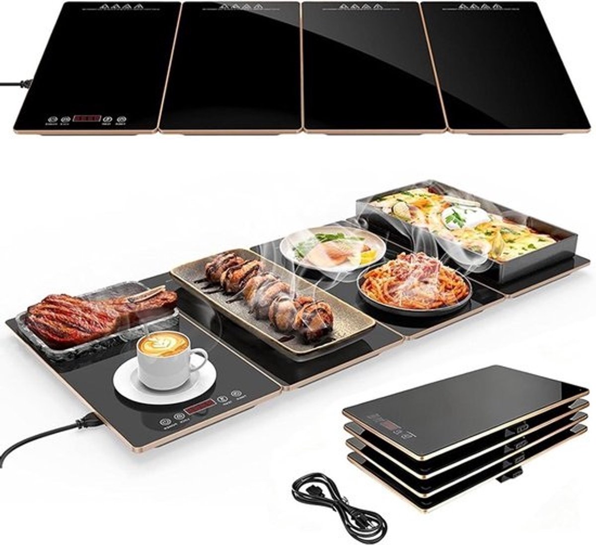 Elektrische warmhoudplaat met 8-niveau temperatuur & timer, uitschuifbare 88 cm voedselwarmhoudmat, draagbare 4-in-1 modulaire verwarmde plaat voor feesten & catering, gouden rand