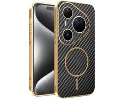 Telefoonhoesje voor Huawei Pura 80 Ultra Magnetisch Koolstofvezel TPU Hybride Hoesje, Schokbestendig Krasbestendig Antislip Gouden Rand Bumper Robuuste Beschermhoes Case (Zwart)