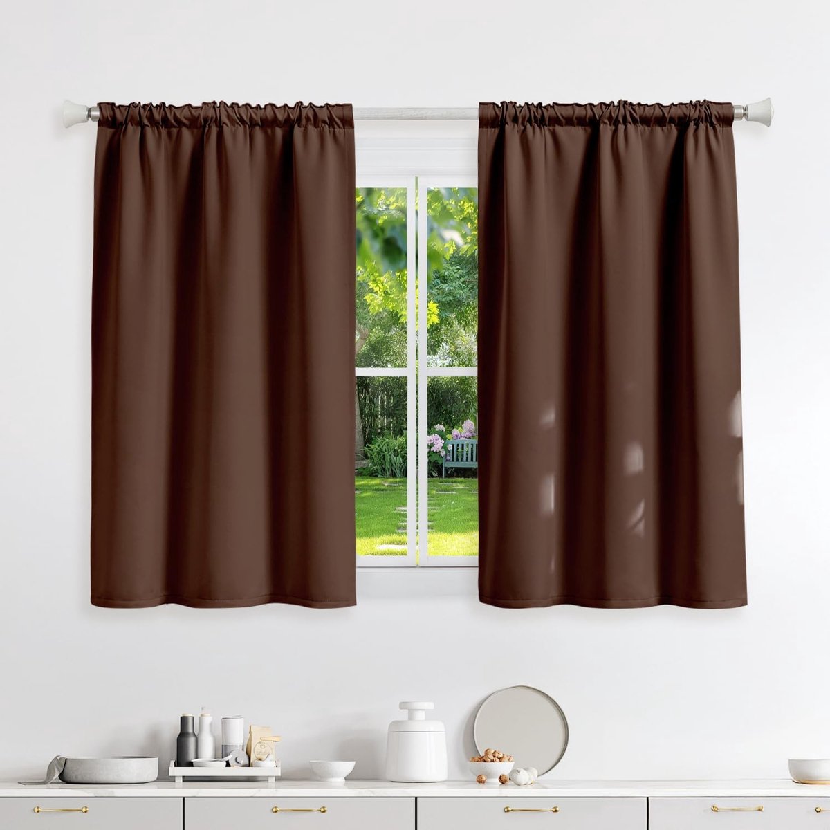 Set van 2 Thermische Isolerende Verduisteringsgordijnen met Plooiband, 90x120(BxH) cm, Anti Kou en Warmte, Opake Gordijnen Anti UV, voor Inrichting van Slaapkamer en Woonkamer, Bruin