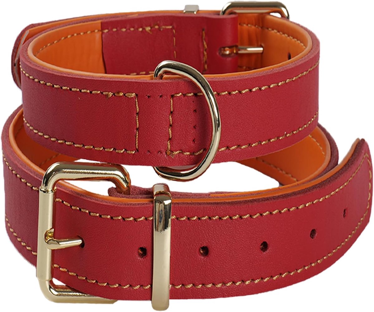 Leren Hondenhalsband Gevoerd Handgemaakt（Rood XL）