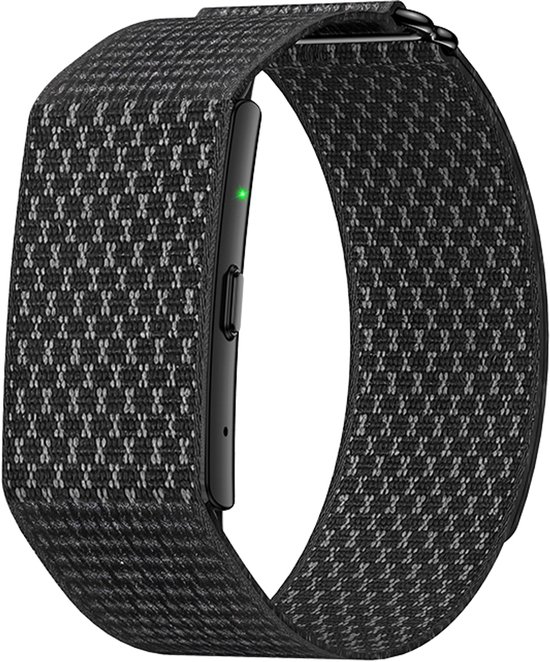Zwart gevlochten nylon smart horlogebandje met groene LED-sensor.