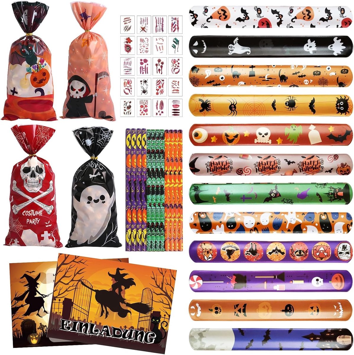 68-delige feestartikelen voor kinderen: Halloween-feestdecoratieset met drukknooparmbanden, feestuitnodigingen, potlood, cadeauzakje, littekenstickers, Halloween-feestartikelen voor jongens en meisjes