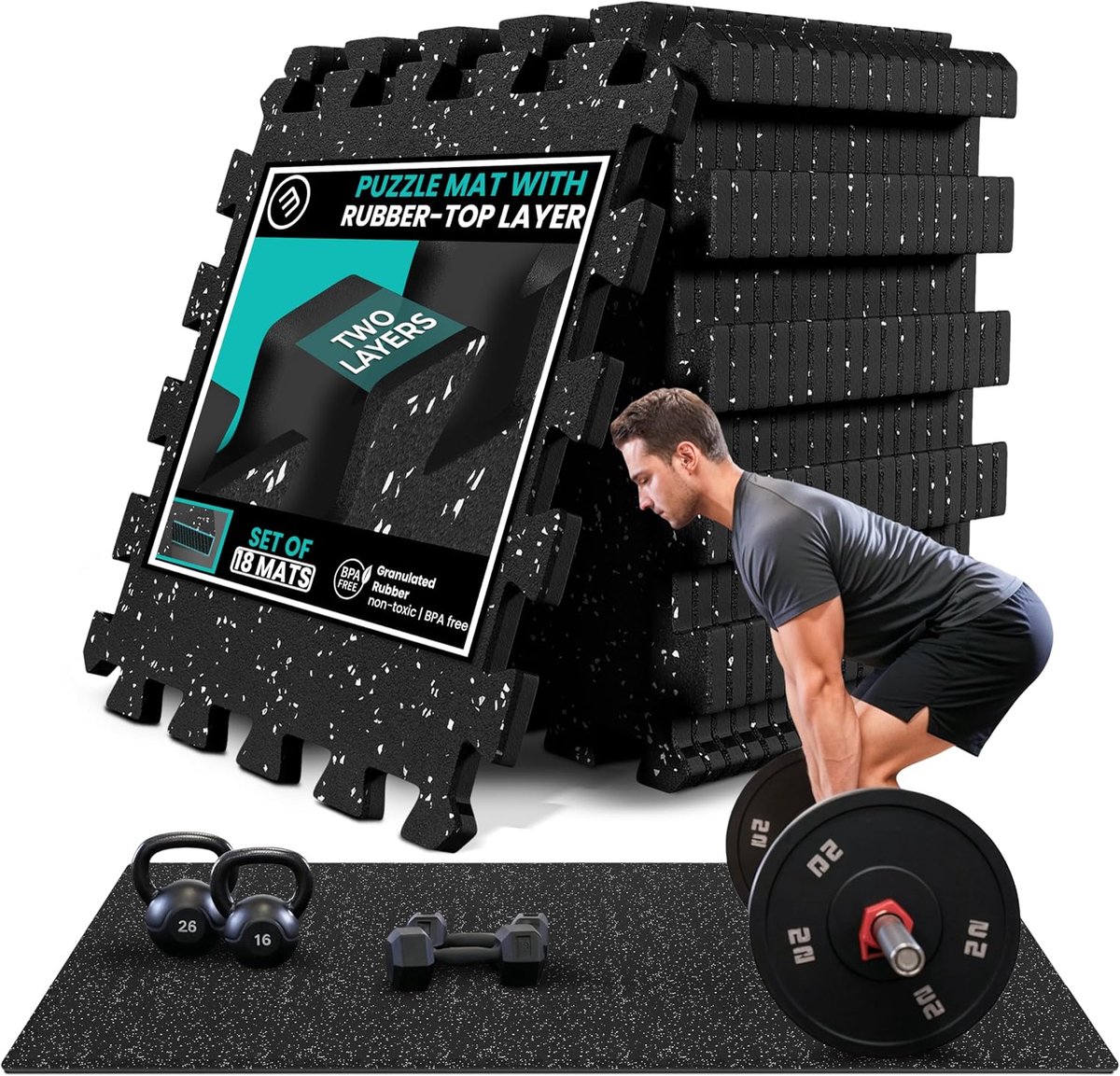 bemaxx Beschermende Vloermatten Fitness – Set van 18 EVA/Rubberen Matten: Fitnessapparaten Sportmat Puzzelmat Loopbandmat Fitnessmat Onderlegmat Sportapparaten Trainingsmat Gymnastiekmat Poolmat
