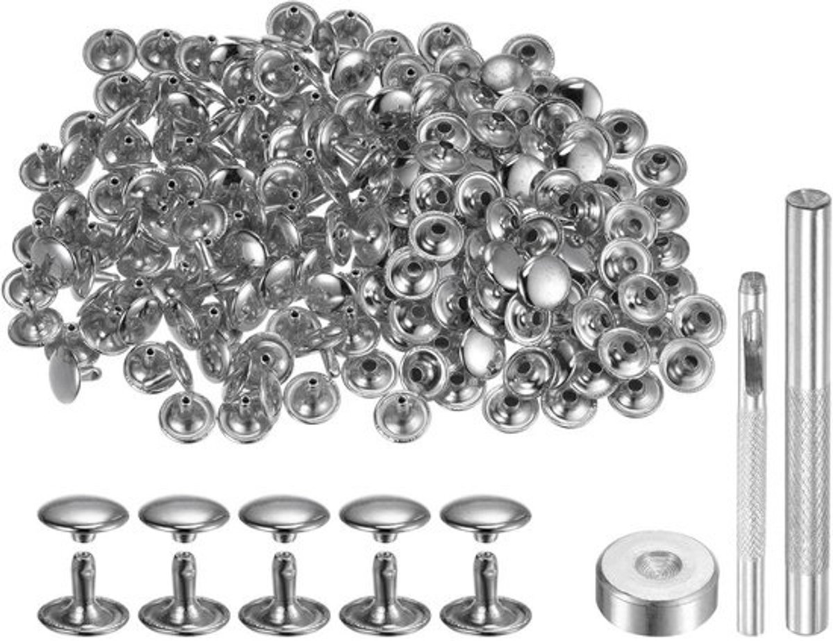 100 Sets Dubbele Kap Klinknagels Metaal Zilverkleurig 10x12 mm voor Lederambachten