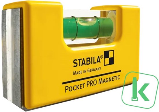 Gele Stabila Pocket PRO Magnetic waterpas met zilverkleurige magnetische zijkanten en groene bubbel.