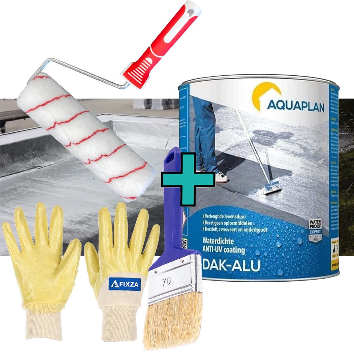 AQUAPLAN Dak-Alu – set – Reflecterende Bitumen Coating voor Dakonderhoud, UV-Bescherming en Waterdichting van Daken en Goten – 20 liter