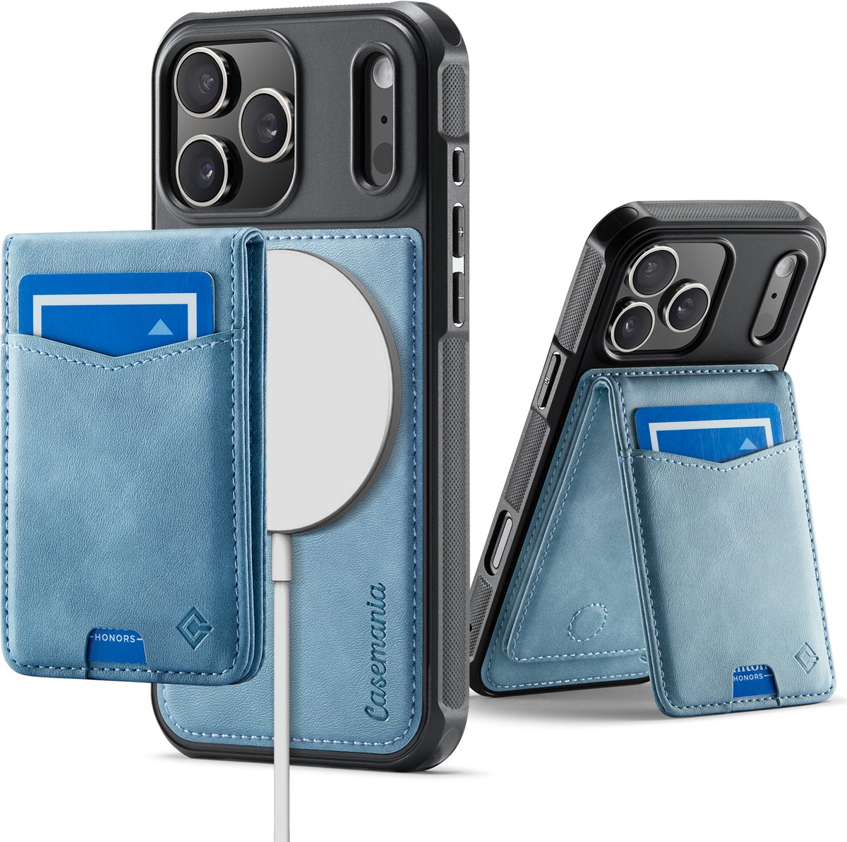 Casemania Hoesje Geschikt voor Apple iPhone 18 Pro Max - Aqua Blue - Geschikt voor MagSafe - Back Cover met Afneembare Magnetische Pasjeshouder met Standaard - Telefoonhoesje en Kaarthouder