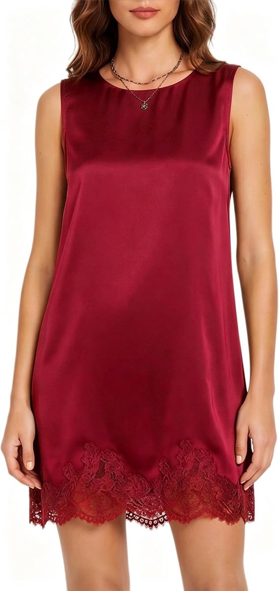 Jurk voor dames, elegante satijnen mini-jurk met kanten rand, mouwloos, ronde hals, zomerjurk, sexy jurk, korte partyjurk, cocktailjurk, losse pasvorm, zijdeachtige, gladde shiftjurk, vrije