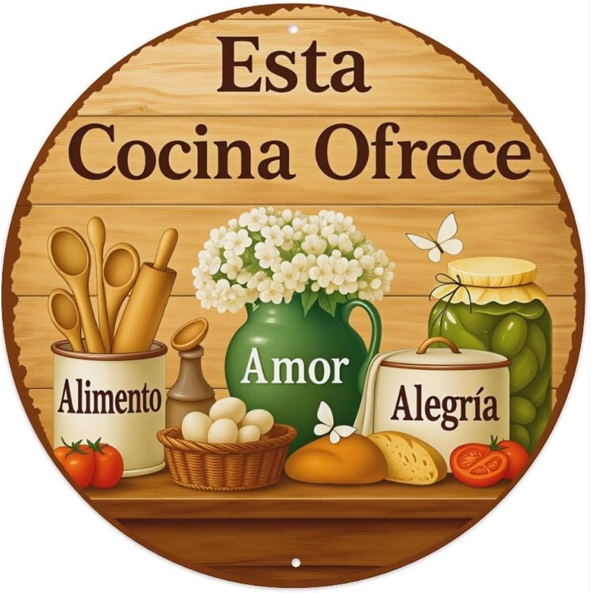 Retro Metalen Bord 20cm – Spaanse Uitdrukking "Esta Cocina Ofrece Amor, Alimento, Alegría" met Keukenmotief, Weerbestendige Decoratie voor Keuken, Café, Woonruimte & Cadeau