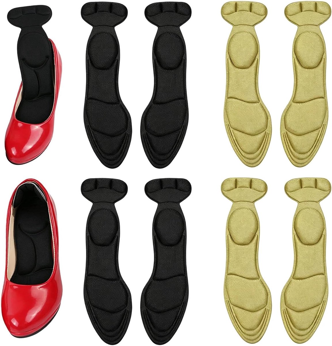 4 paar inlegzolen voor dames, 2-in-1, antislip, zachte schoeninlegzolen met zelfklevende hielbescherming, ronde kop, op maat te snijden, hoge hak inlegzool, voor schoenen en vrijetijdsschoenen