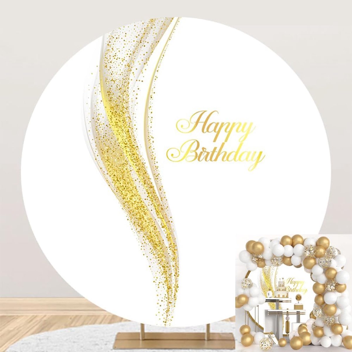 6,5 ft Luxe Verjaardag Ronde Achtergrond Cover Glitter Pailletten Wit en Goud Fotografie Achtergrond voor Vrouwen Verjaardagsfeestje Cake Tafel Banner Decoratie Kinderen Portret Foto