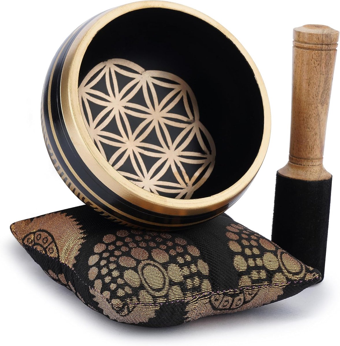 Tibetaanse klankschaal set - handgemaakte meditatie messing klankschaal met stok en kussen voor yoga, chakra genezing, mindfulness en stressverlichting, spirituele geschenken - goud zwart