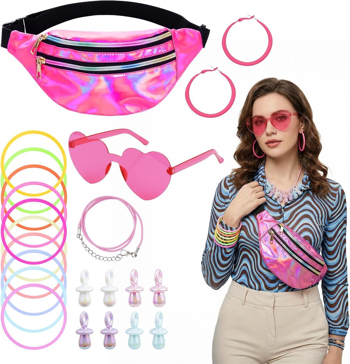 90-outfit voor dames, 23-delig, jaren 90-accessoires, jaren 90 en 80, retro outfit met hart, zonnebril, buiktas voor dames, carnaval, neon themafeest