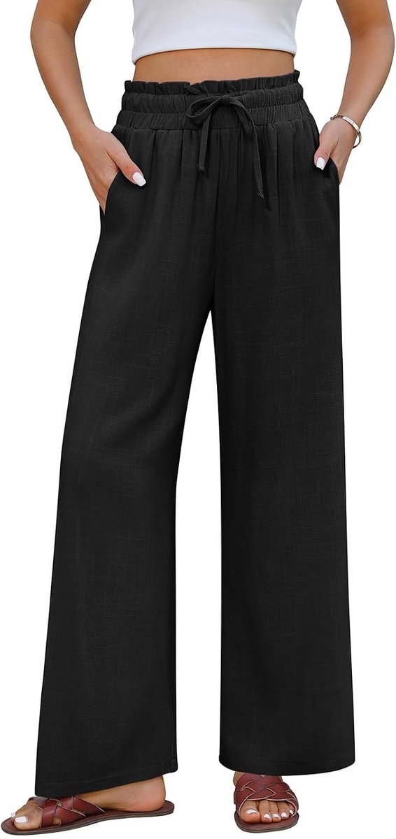 Damesbroek zomer katoen linnen wijde pijpen broek dames elegante losse lounge broek met zakken elastische hoge taille broek met trekkoord