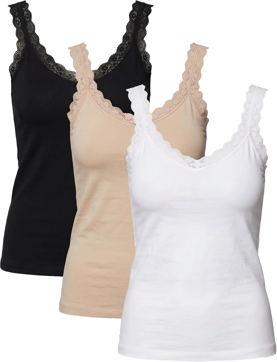 Set van 3 dameshemden met spaghettibandjes met kanten rand, elastische basic onderhemden voor dagelijks gebruik, comfortabel, nauwsluitend, mouwloos onderhemd