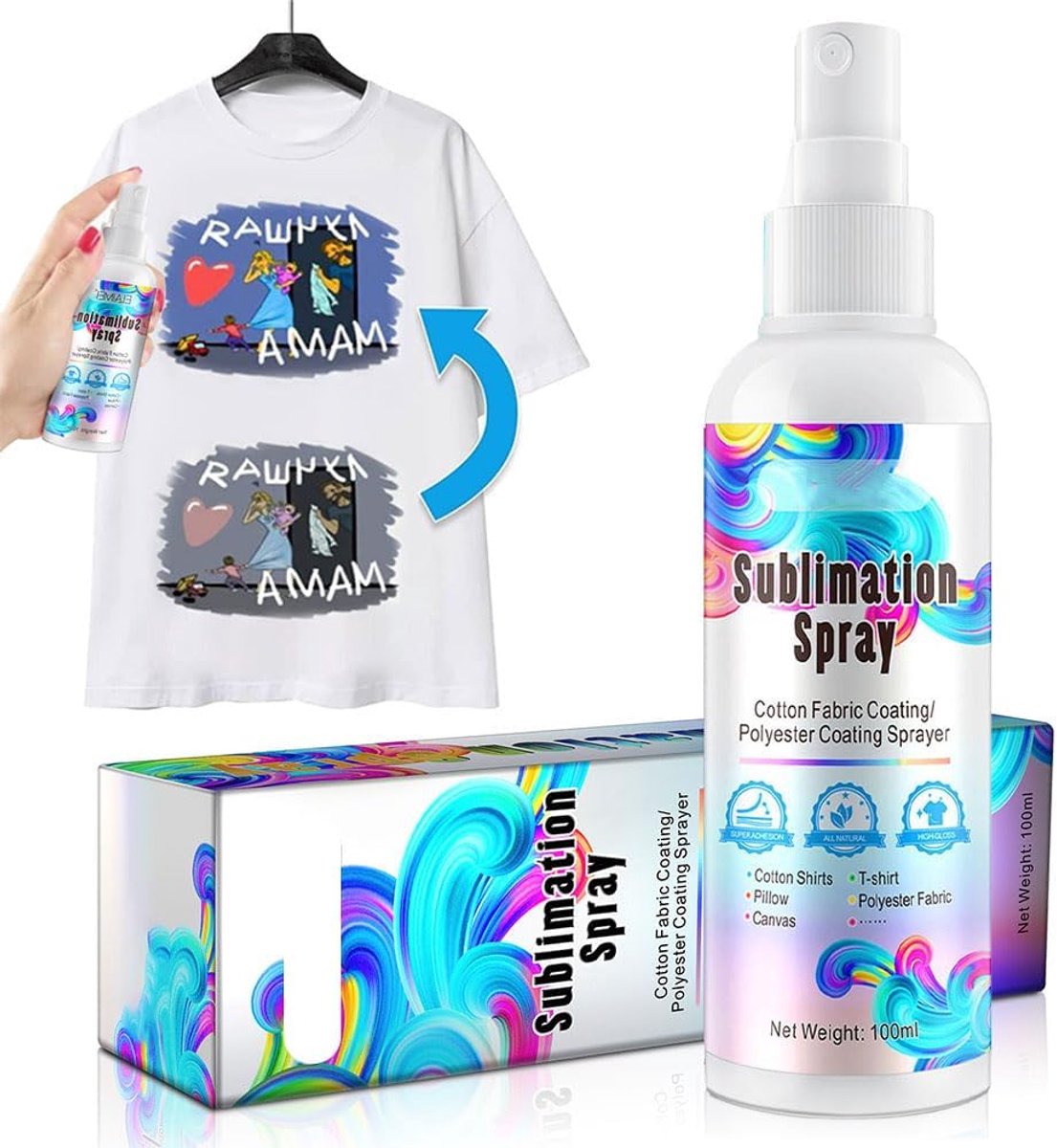 100 ml sublimatie coatingspray voor katoenen en polyester stoffen, T-shirts, canvas zakken, sneldrogend, super hechting, hoogglans