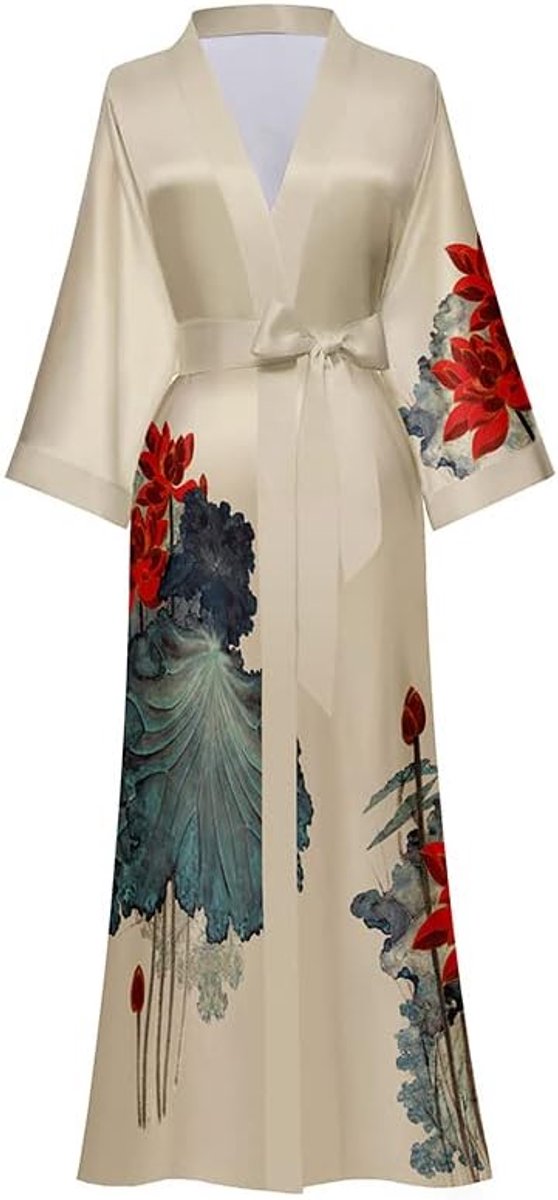 ochtendjas voor dames, satijn, kimono, gewaad, bloemenpatroon