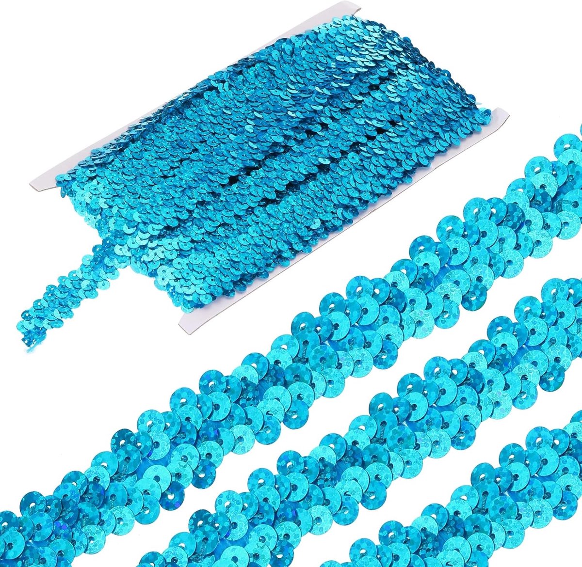 4,5 m 2 cm paillettenstrepen, elastisch, 2 rijen, platte paillettenband voor knutselen, naaiwerk, kostuums, franjes, laser lake blue