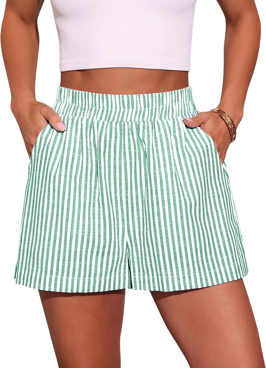 zomer, gestreept, hoge taille, pyjamabroek met elastische tailleband en zakken, strandshorts