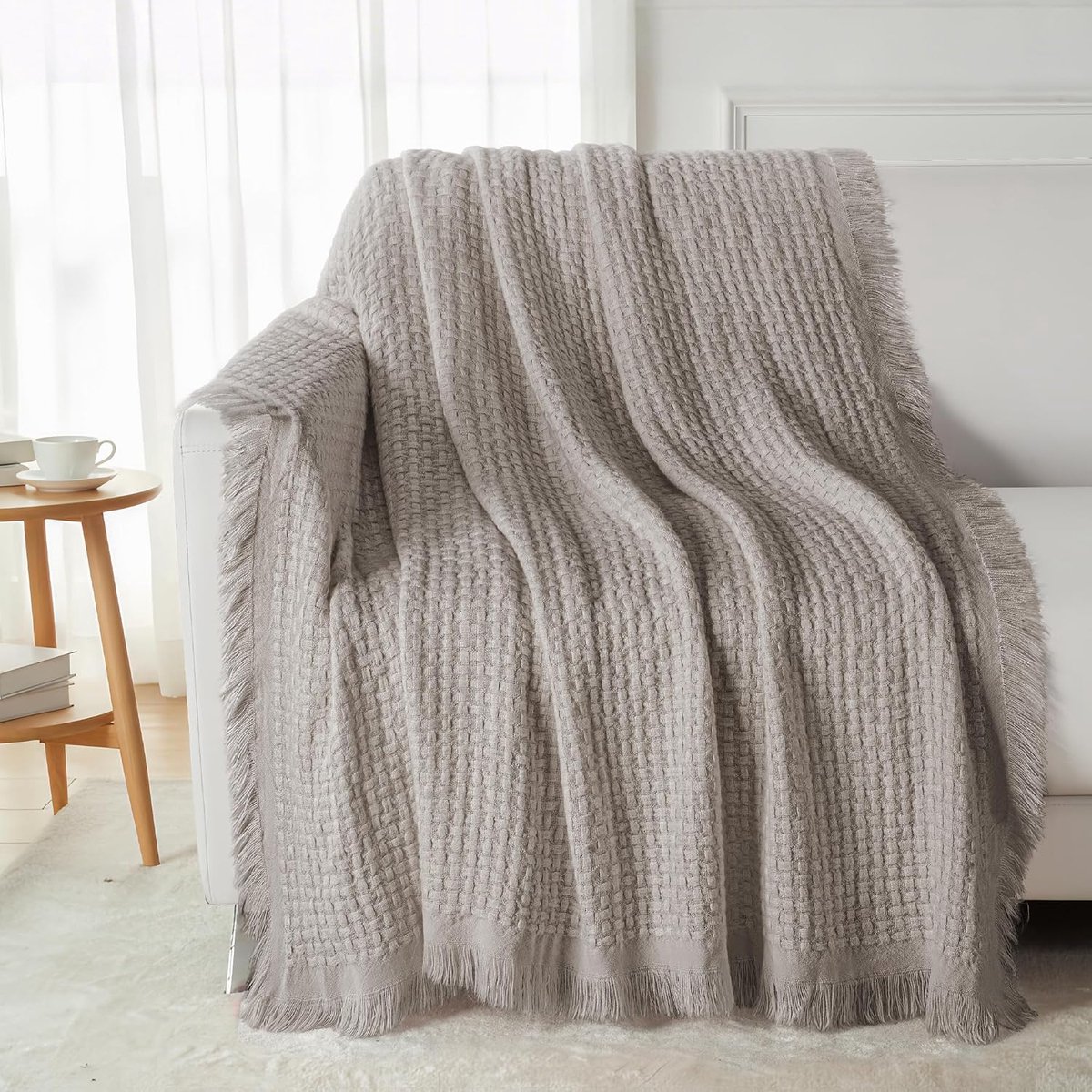 Mezcla Gebreide Plaid Dekbed met Franjes voor Bank, Reversibele Boho Deken, Geruit, UltraZacht, Licht en Warm voor Bed en Bank, 130x150 cm, Camel