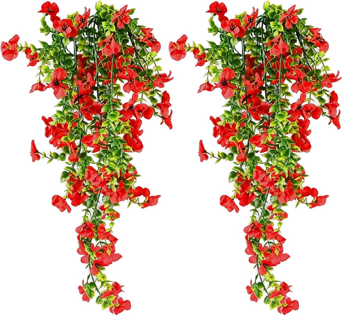 Kunstbloemen hangend, 4 stuks hangplant, kunstbloemen voor buiten, uv-bestendig, kunstbloemen voor buiten, weerbestendig, balkondecoratie, kunstmatige hangplanten voor balkon, tuin, rood