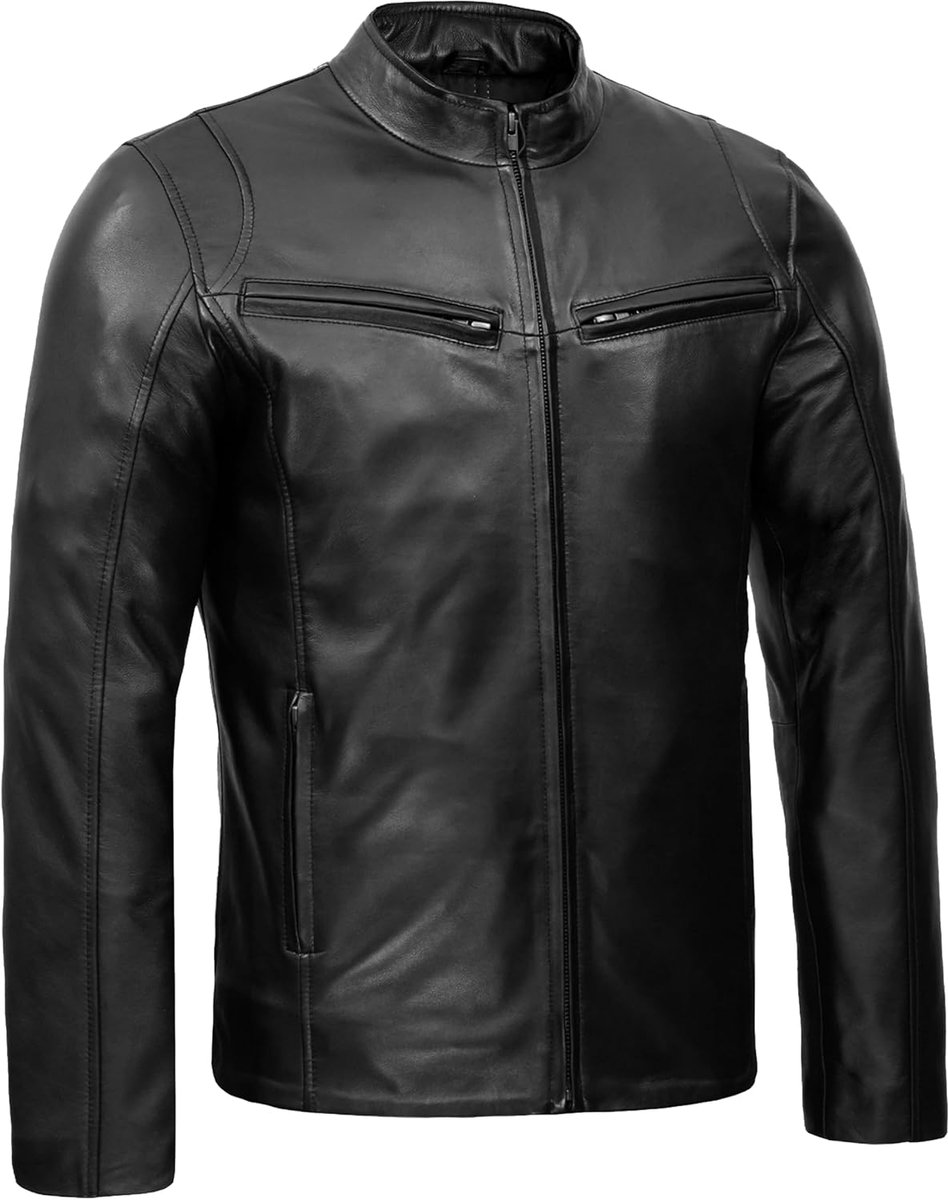 Premium Bikerjack voor heren van lamsleer - Cafe Racer leren motorjas met ritssluiting en meerdere zakken