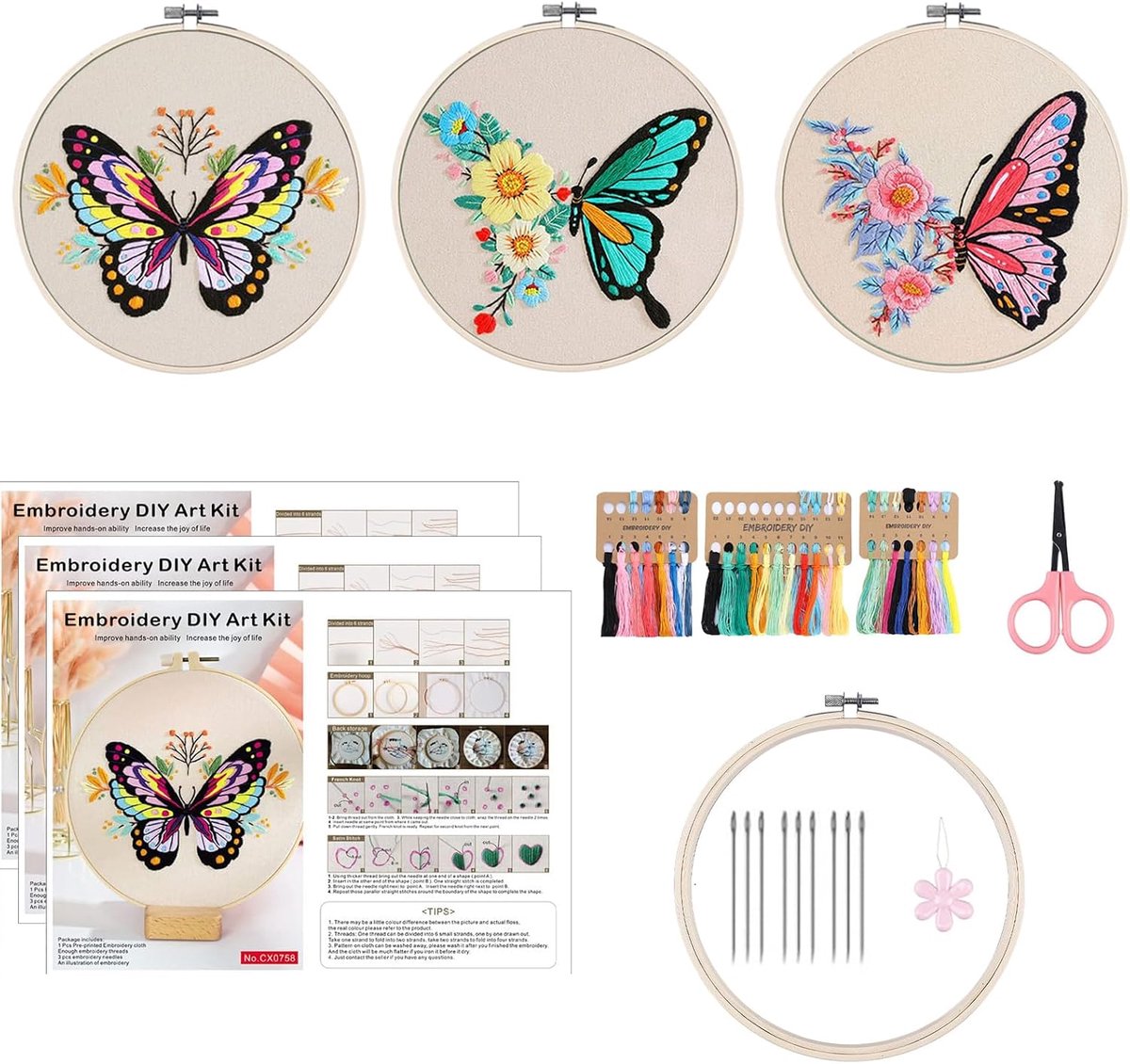 3 Sets Borduursteek Oefenset, Borduren Volwassenen voor Beginners, Set Borduurwerk Vlinder, Bevat 1 Stuk Plastic Borduurframe, Kleurdraden Gereedschappen, Handleiding, voor DIY Kunst, Handwerk