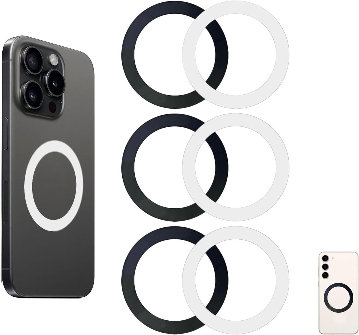 6 Stuks Metalen Ringen Met Stickers, Adapter Ring Sticker Voor Mobiele Telefoon Hoesje Magneet Draadloos Opladen, Zelfklevende Metalen Ring voor iPhone 17 16 15 14 13(zwart+wit)