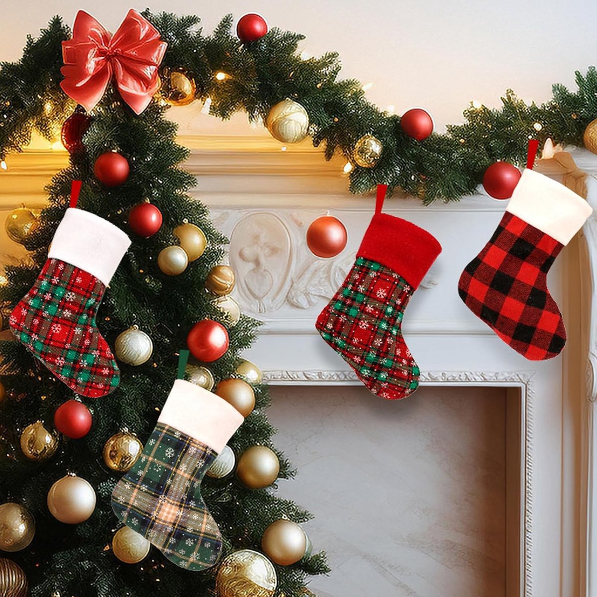 4 stuks kerstsokken om op te hangen, gebreid, geruit, kerstkousen, 23 x 17 cm, leeg, kerstkous, decoratie voor open haarden, trappen, Kerstmis, boom, huisfeesten