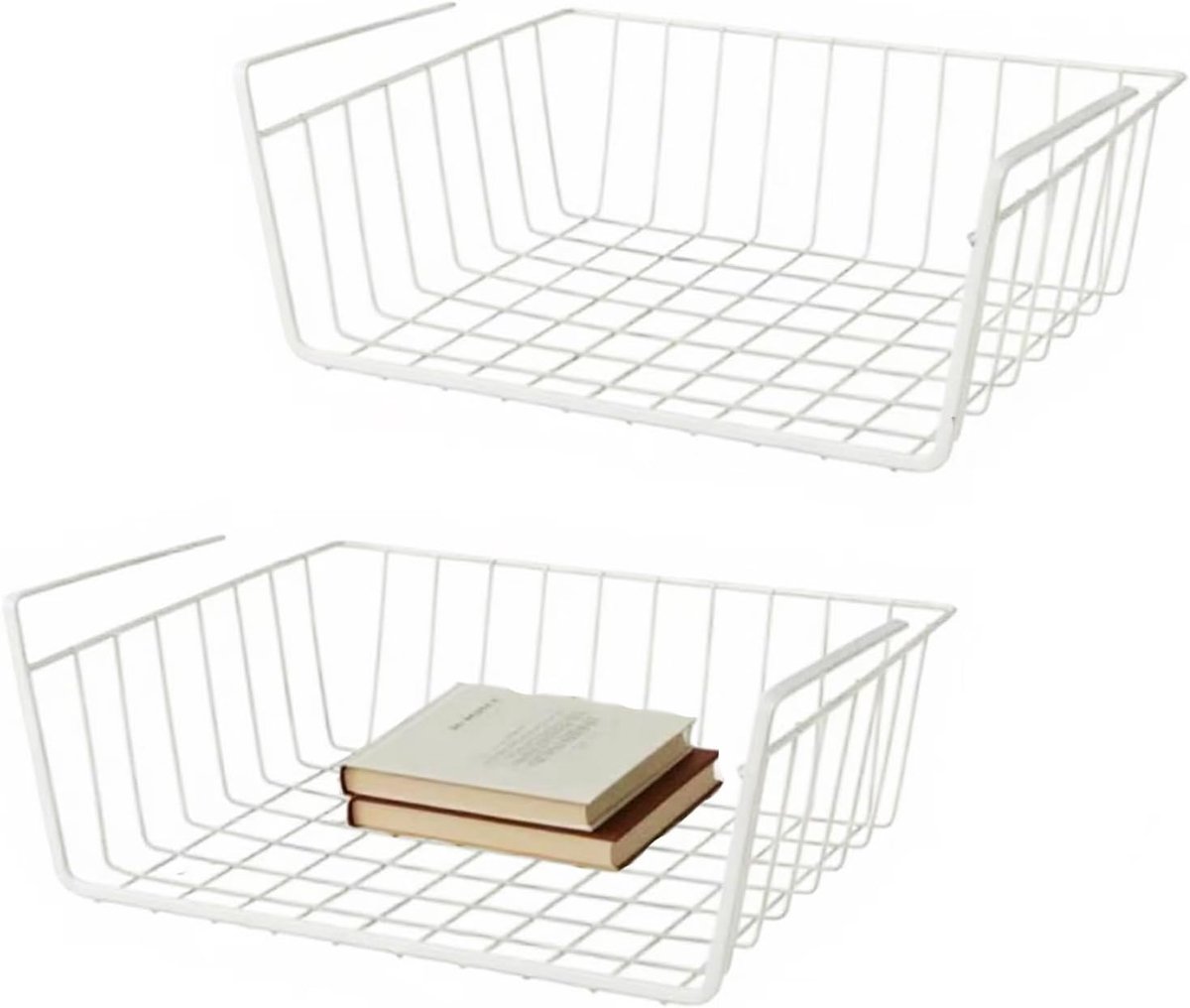 2 stuks onderrek, opbergmand, hangmand, metalen opbergmand, hangmand, rek onder kast, hangmand, metalen mandorganizer, rekmand voor keuken, boekenkast - wit