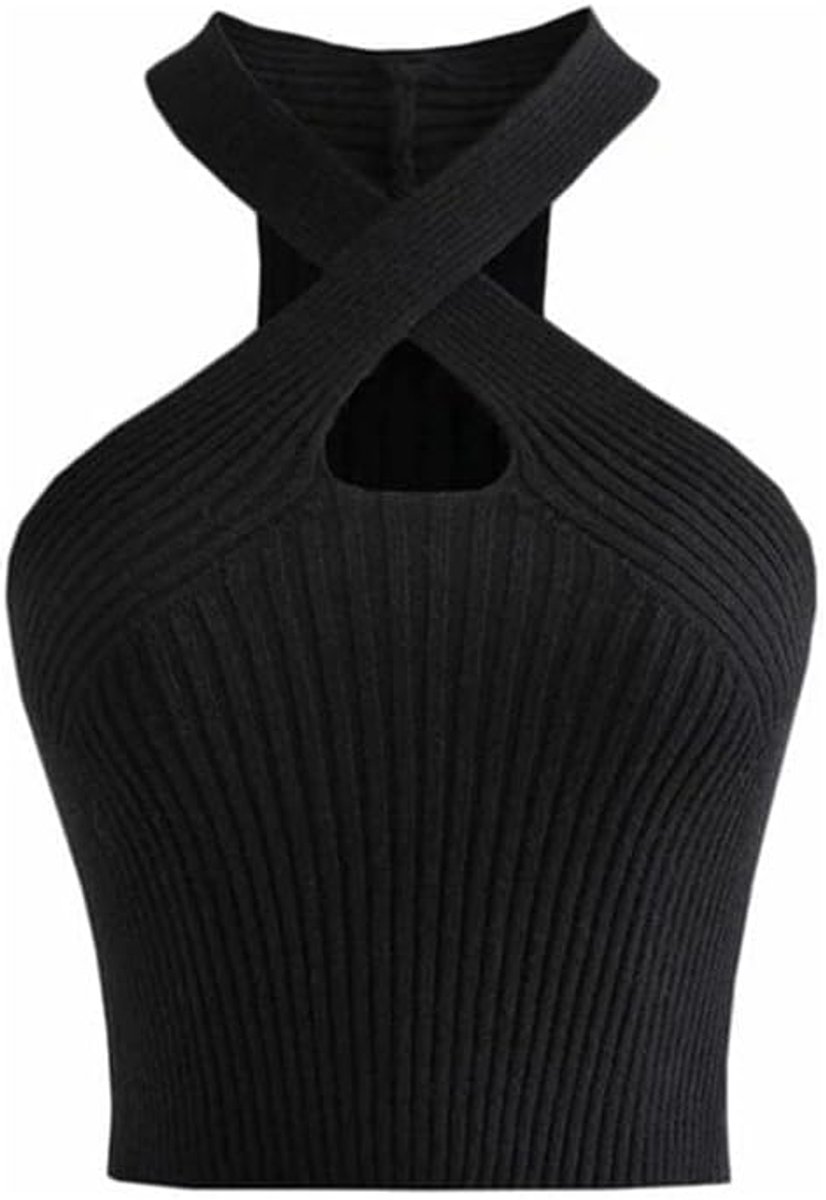 Crop Top Dames Cut Out Neckholder Tank Dames Geribbelde Buikvrije Bandjes Top met Kruis Design Schoudervrij Nauwsluitende Zomertop voor Party Vrije Tijd Club