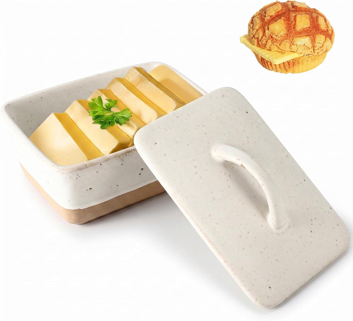 Botervloot keramiek met deksel, 450 ml, boterstolp van keramiek, boterschaal porselein, boterbox porselein, botervloot voor alle gangbare boter, 14,5 x 10 x 6,5 cm, wit