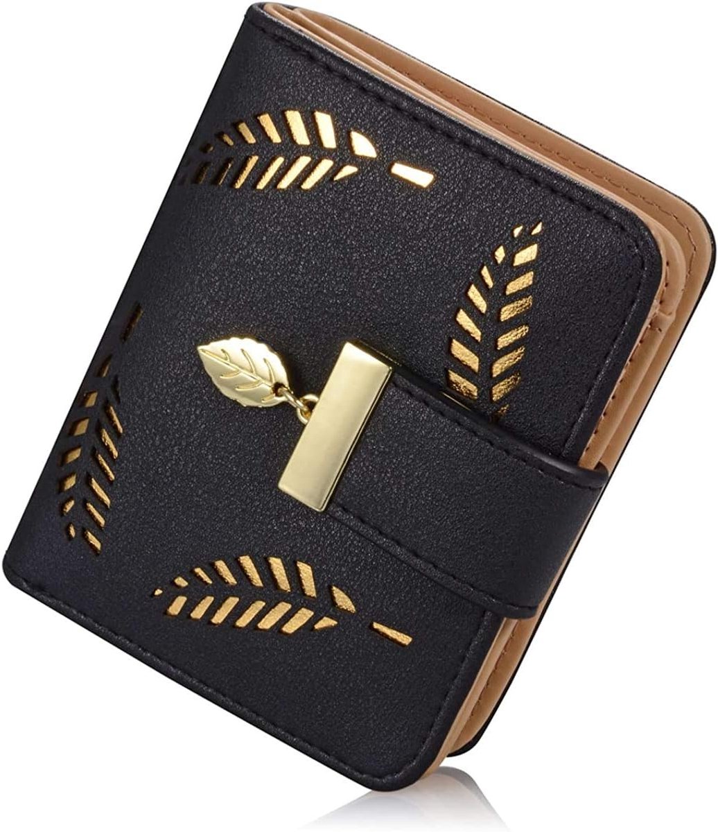 Portemonnee voor dames, kleine leren portemonnee, dubbele portemonnee, handtas met contant geld/ID/creditcardhouder, veganistische portemonnee met ritssluiting, voor dames en meisjes, zwart, M