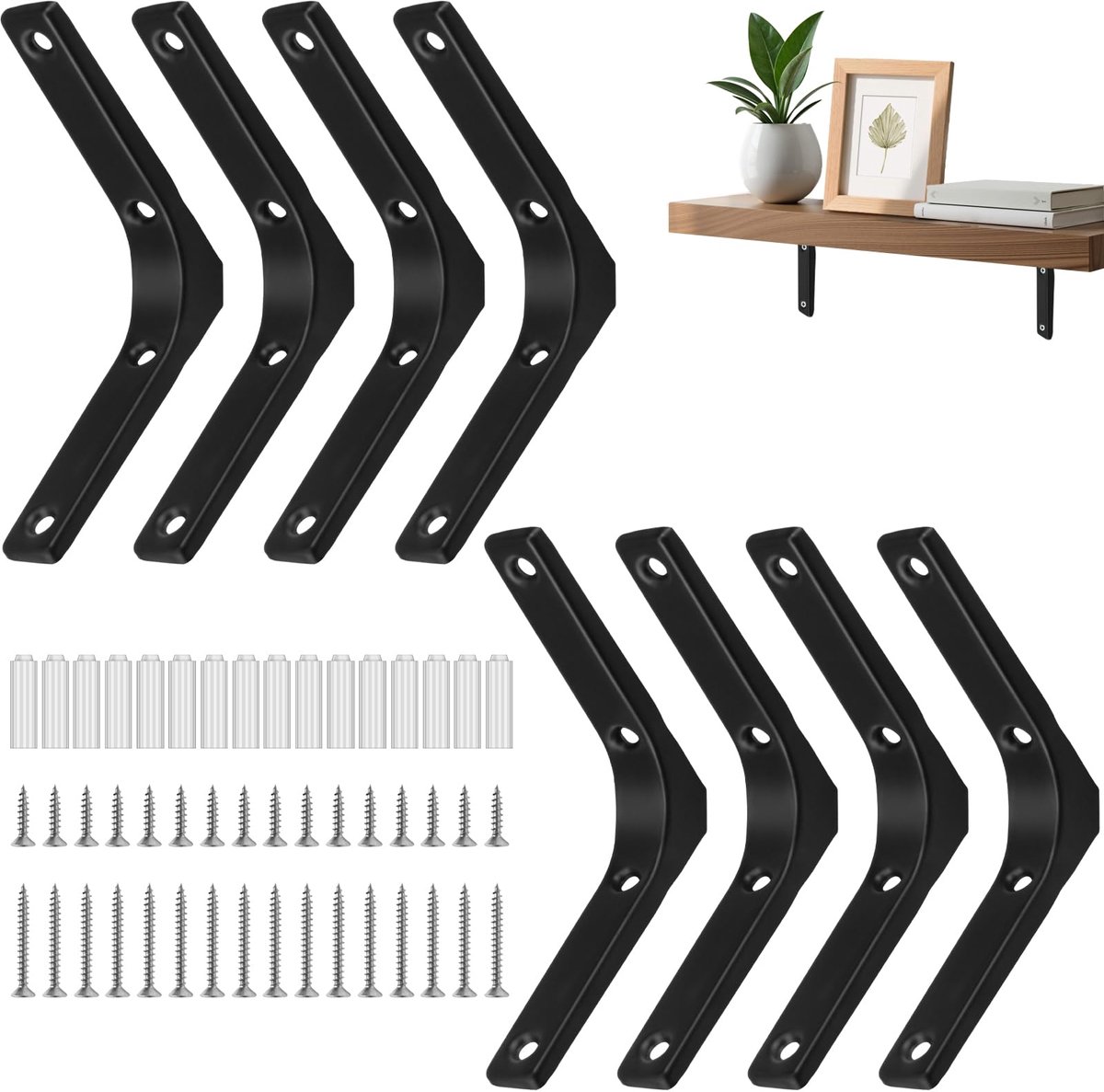 Wandplankbeugel Hoekmodel - Robuust Metaal - Voor Houten Planken - Zwart - 10,2 x 10,2 cm - 8 stuks