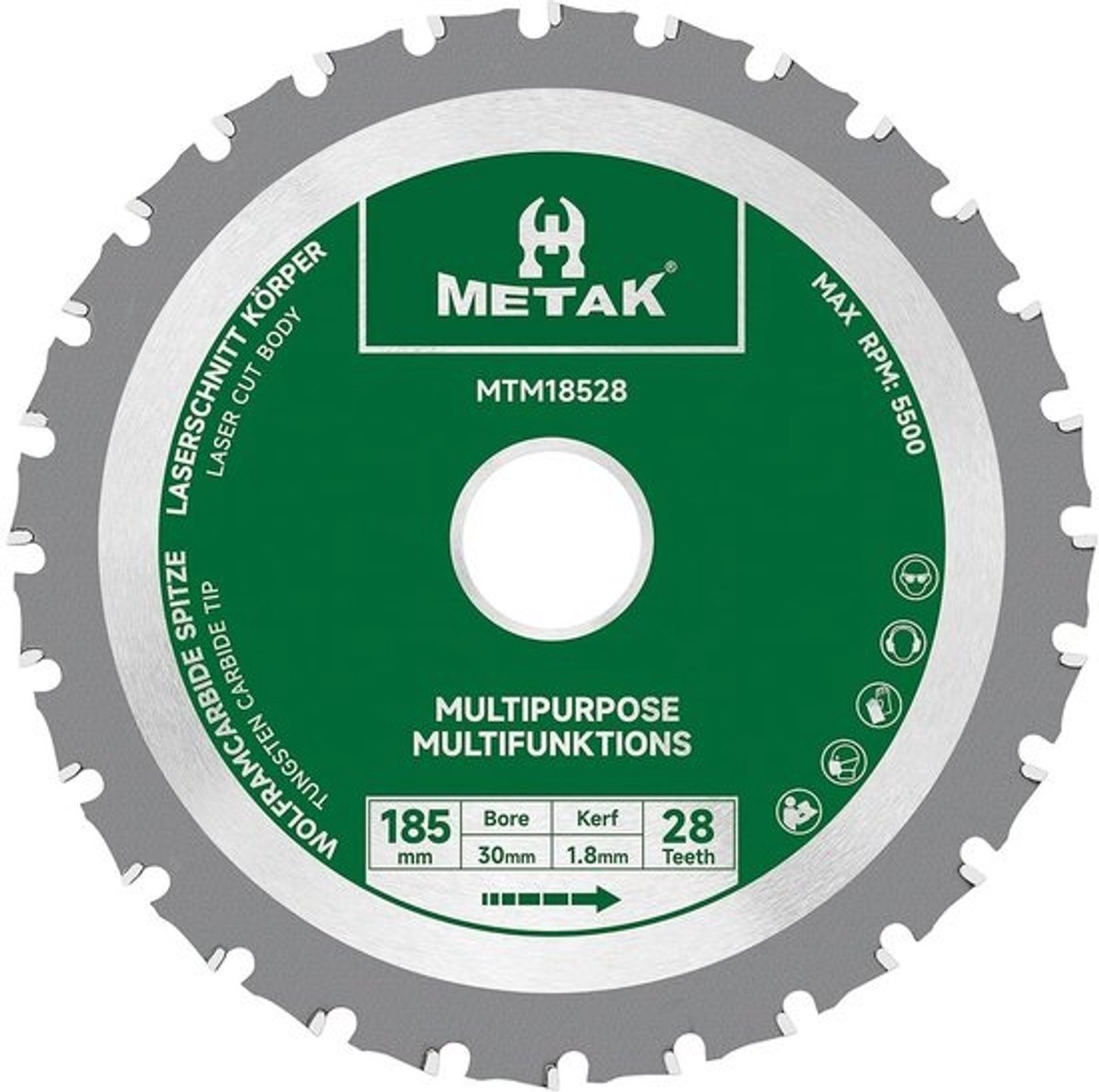 Multifunctioneel cirkelzaagblad 185 mm voor hout, metaal, en kunststof – 28 tanden, 30 mm boring