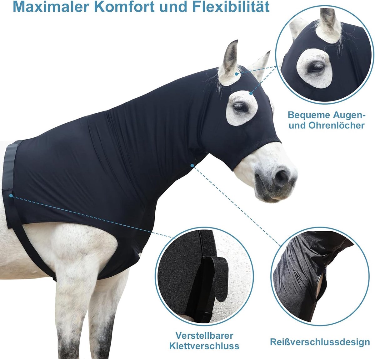 eczeem, borstbescherming, paardendeken, halsdeken, paard, schouderbescherming voor paarden, stretch capuchon met ritssluiting en volledige gezichtsbedekking
