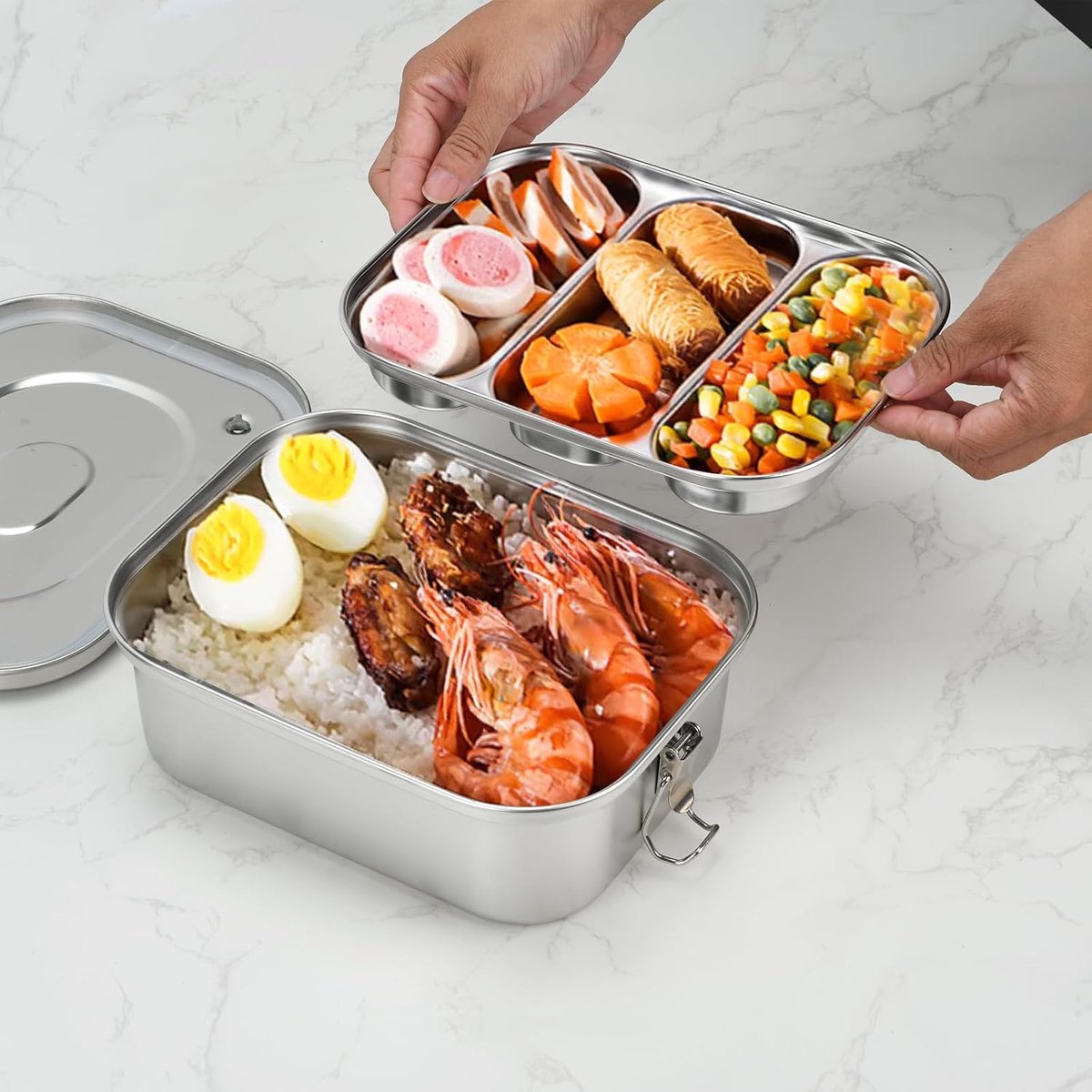 bento-box, 1800 ml, 3 vakken, dubbellaags geïsoleerde lunchcontainer met luchtdichte klepgreep
