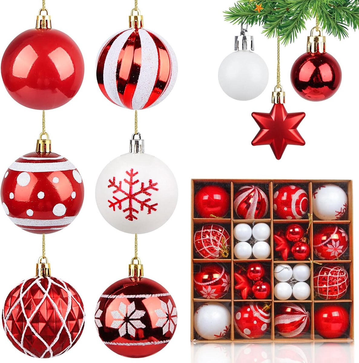 Kerstballen, 60 mm/30 mm, kerstboomballen, boomversiering, plastic, wit, kleurrijke kerstboom, kunststof, kerstdecoratie, rood wit, met sleutelkoord (rood-wit)