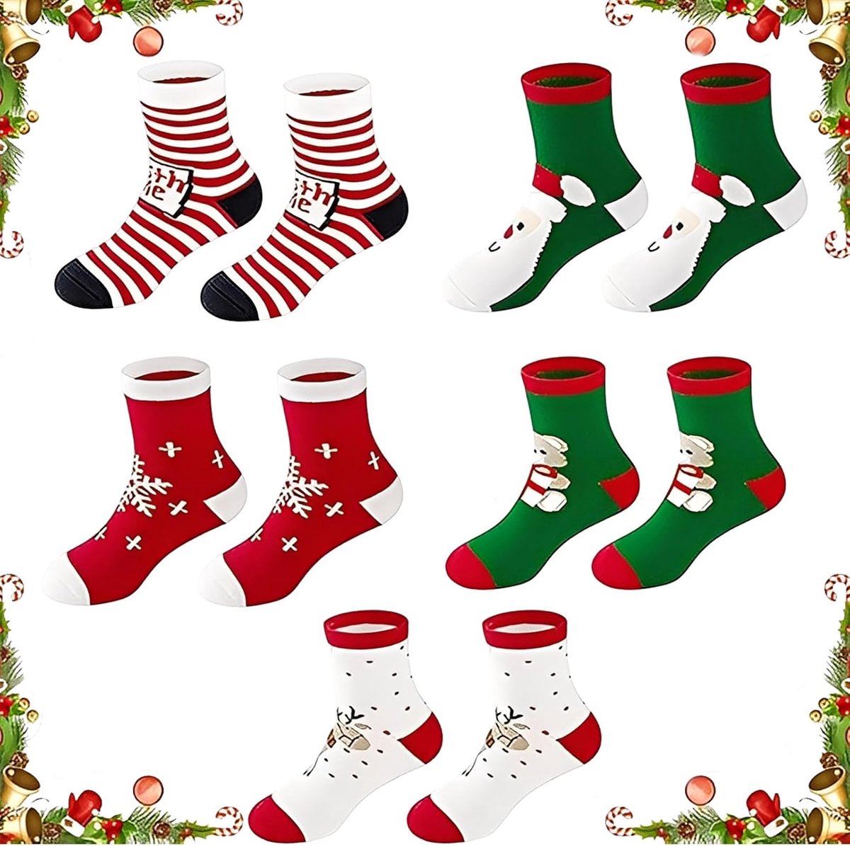 Kleine kerstcadeaus, kerstsokken kinderen, wollen sokken kinderen, 5 paar feestelijke sokken voor kinderen, zachte katoenen sokken met kerstmotief wollen sokken kinderen
