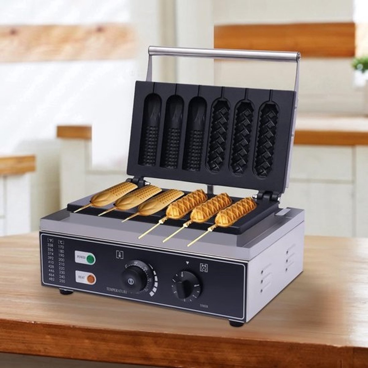 Wafelijzer voor 6 Wafels - Wafelmaker Hotdog Wafels - Bakken voor Horeca - Dubbele Anti-aanbak Platen