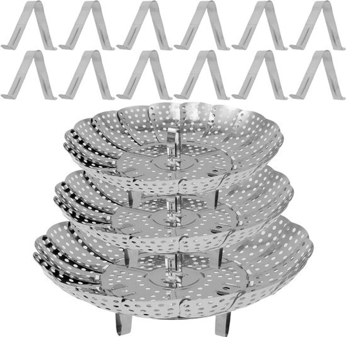 Stoommand Set - Groente Stomer - Gezond Koken - Opvouwbaar RVS - 3 Maten - Zilver