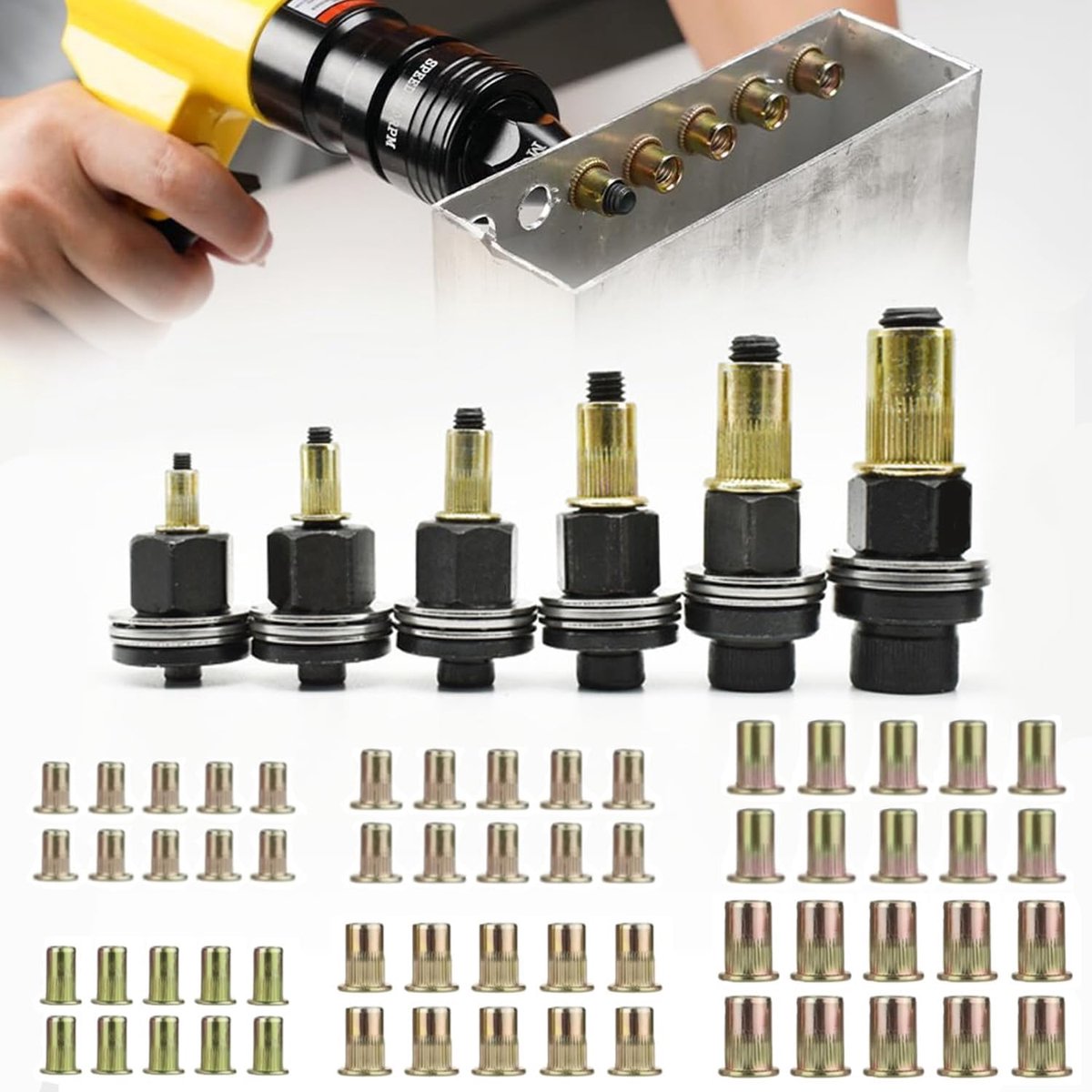 Klinkmoeren klinknagels, klinknageltang, set van 60 stuks van elk M3/M4/M5/M6/M8/M10 moeren, voor auto's, geleiders, meubels en decoratiebewerking