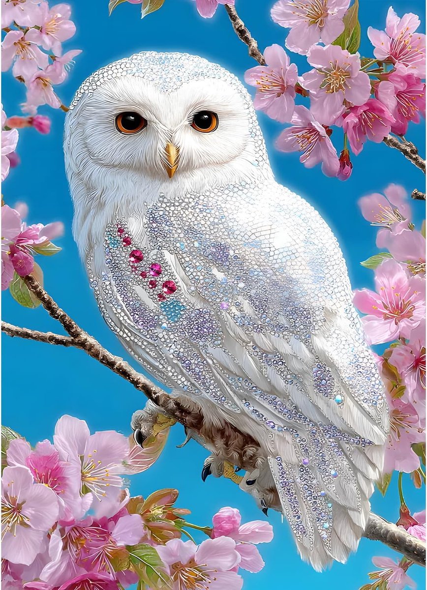 Diamond Painting Snowy Owl, 5D Luxury Diamond Painting for Adults Beginners Pink Flowers Diamond Embroidery DIY Full Drill White Owl Diamonds Art Home Wall Decoration 30x40 cm