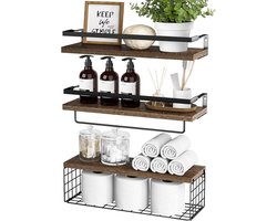 Sharllen Wandrek hout met draadmand handdoekhouder set van 3 zwevende planken, donkerbruin