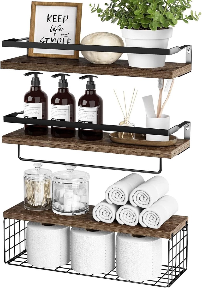 Sharllen Wandrek hout met draadmand handdoekhouder set van 3 zwevende planken, donkerbruin