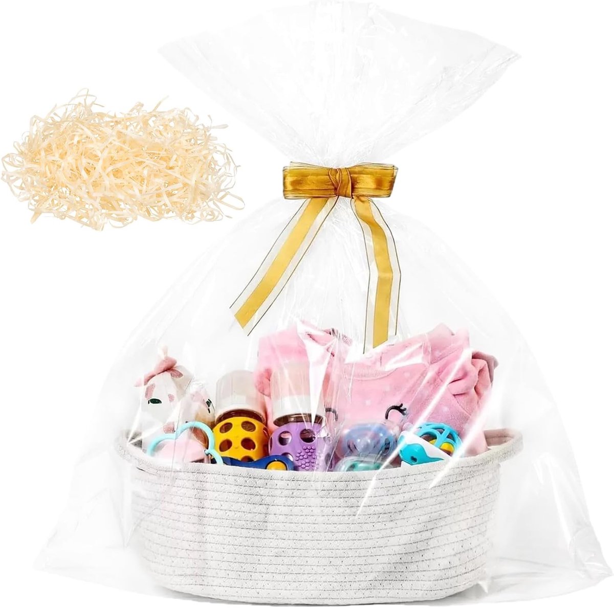 Lege cadeaumand met cadeauzakjes, raffia en linten, gevlochten mand voor baby shower, verjaardag, bruiloft, Pasen, Thanksgiving, Kerstmis (wit)