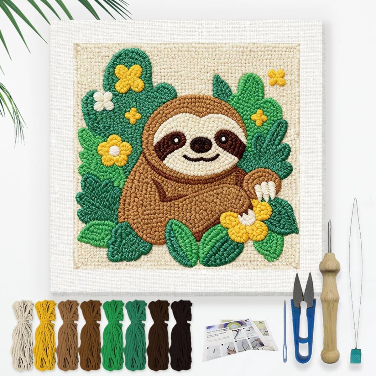 Cartoon Sloth DIY Punch Needle Borduurset voor Volwassen Beginners, 24 cm Luie Beer Bladeren Bloemen Punch Naaistoestelset voor Beginners met Lijst, Stof Patroon, Draadspoel, Garen, Punch
