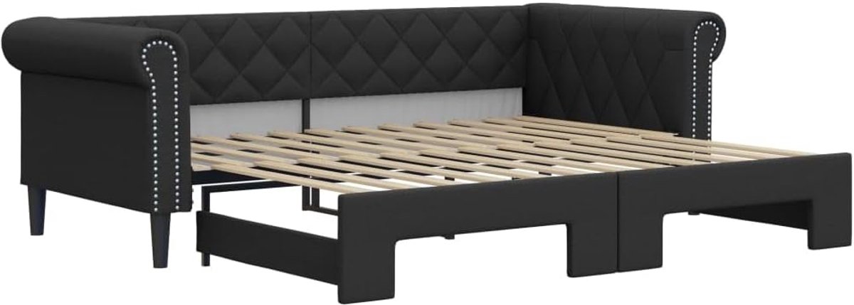 Dagbed, hotelbed, familiebed, uittrekbaar, zwart, 90 x 200 cm, kunstleer, voor slaapkamer, logeerkamer