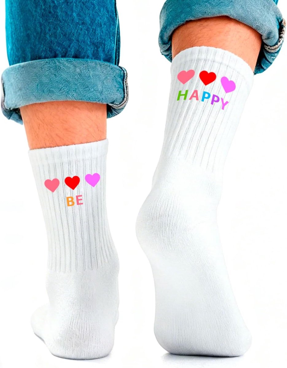 Sokken voor dames en heren, Be Happy Socks met spreuk, Happy Socks Style, sport en vrije tijd, ademende katoenen sokken voor festival outfit dames, festivalaccessoires, maat 36-44